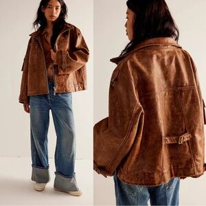 Free People Distressed Cognac Leather Jacket
